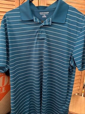 Amazon Essentials Teal Striped Polo Shirt - Men's Large